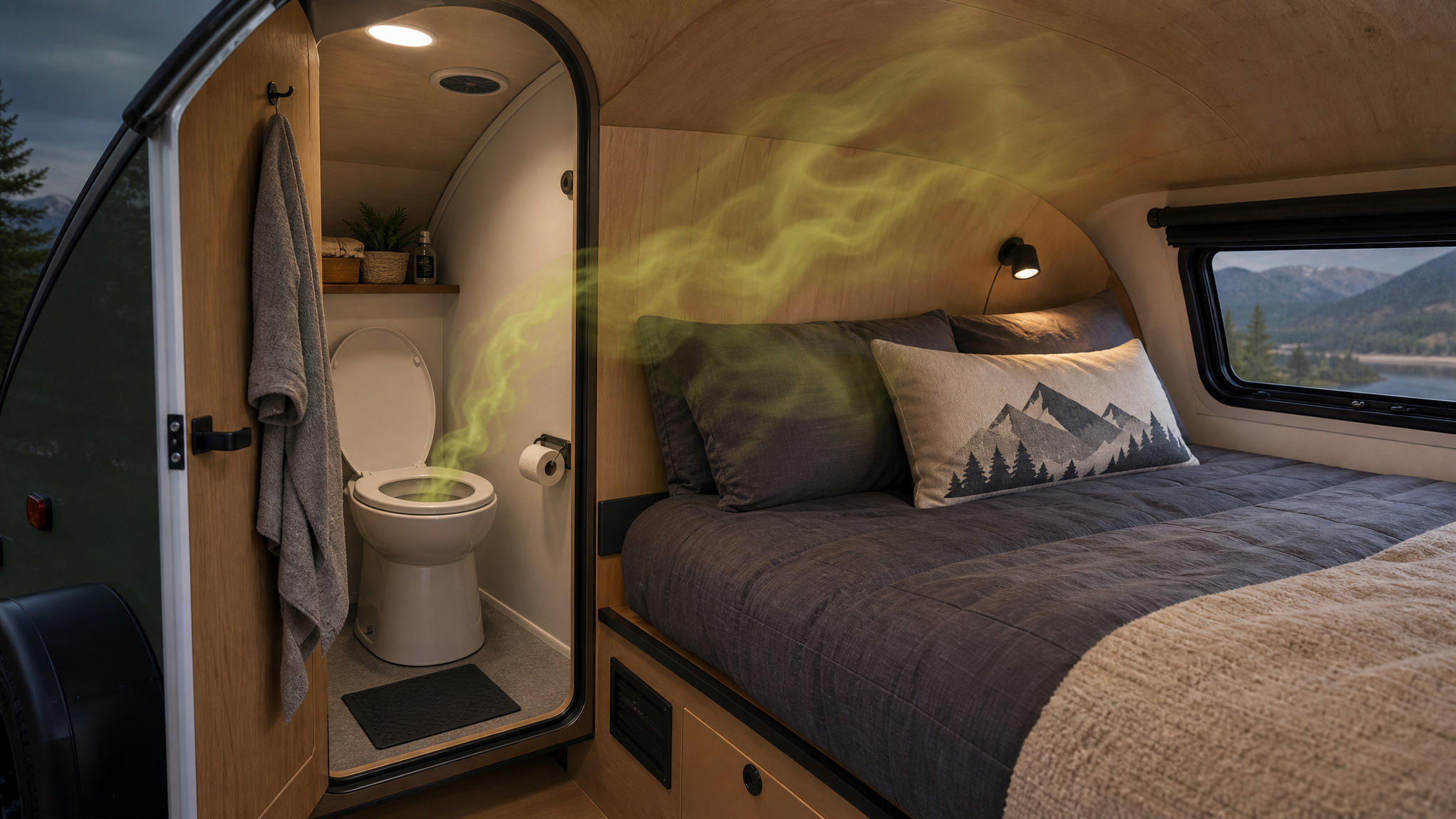 teardrop caravan interior with toilet and smelly odor near pillows